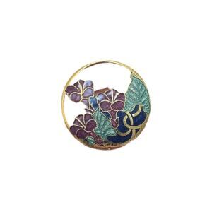 Vintage Cloisonné Enamel Floral Brooch Purple Blue Art Nouveau Style Gold Tone
